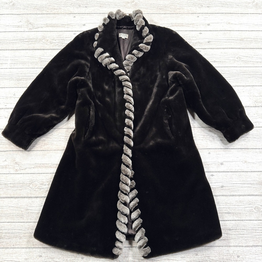 Moffi International Jacket Women's Medium Brown Gray Braided Trim Faux Fur Coat